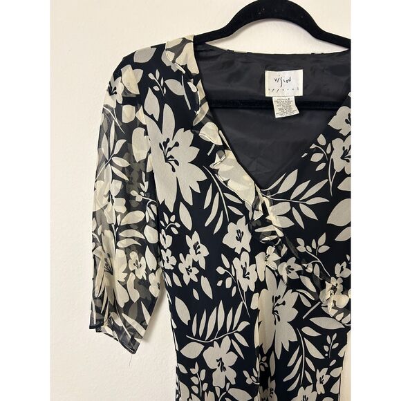 Vintage 90s Vision Apparel Dress Women's 6 Floral, Silk black and white summer - Picture 7 of 11